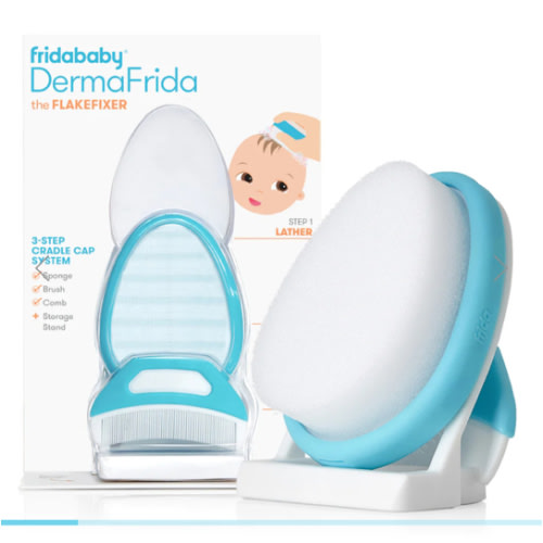 Frida Baby The 3-Step Cradle Cap System, DermaFrida The FlakeFixer, Sponge, Brush, Comb and Storage Stand for Babies with Cradle Cap, White-Blue