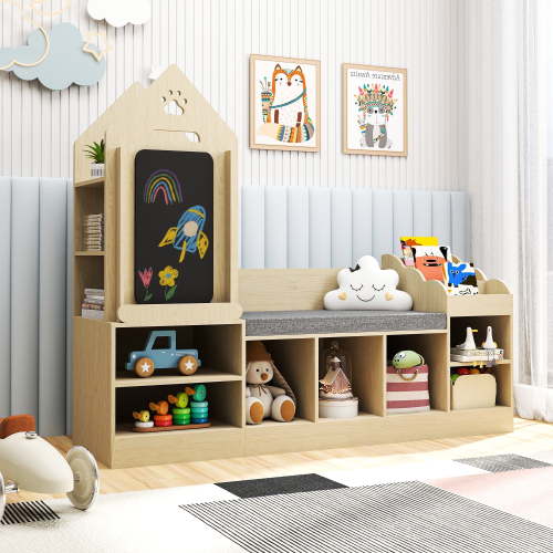 Reasea Kids Bookshelf with Reading Corner, Wooden Toy Organizer with Bench and Chalkboard, Toddler Toy Storage for Bedroom, Nursery, or Playroom, Natural Oak Finish