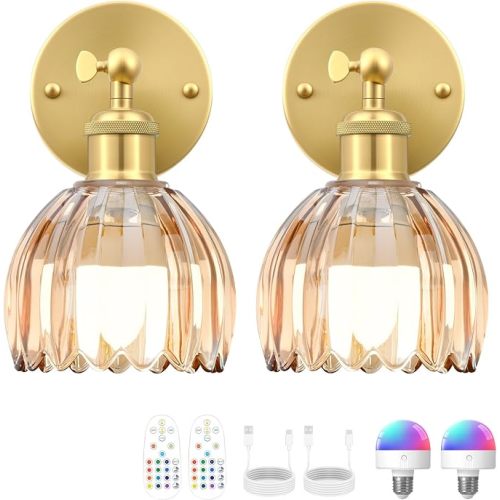 RIDALUX Vintage Battery Operated Wall Sconce, Pink Tulip Glass Lampshade Wireless Rechargeable Battery Powered LED Wall Light with Remote Dimmable for Bedside Bedroom Doorway Living Room, Set of 2