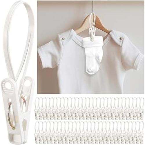 Honeydak 60 Pack Multi-Purpose Laundry Hooks Hanging Clips Bulk with Plastic Rope Hanger Clips for Baby Clothes Closet Organizer for Pants Hat Sock Boot Bra Towel Bathroom Wardrobe Kitchen, White
