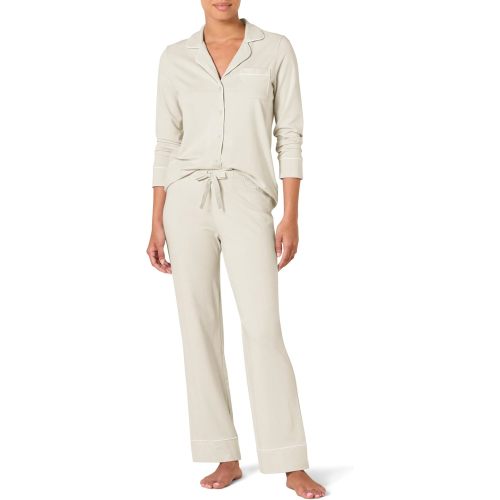 Amazon Essentials Women's Cotton Modal Long Sleeve Shirt Full Length Pant Pajama Set, Beige, X-Large