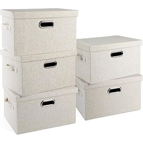 Medium 15" 21 Quart Collapsible Stackable Storage Bins with Lids, 5 Packs Beige Foldable Fabric Closet Boxes Heavy-duty Lidded Linen Cube Baskets Container Organizers and Storage