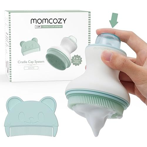Momcozy﻿ Innovative Cradle Cap Brush with Pump, 2-in-1 Baby Cradle Cap Brush with Bubbler, Newborn Cradle Cap System, Shampoo Brush Baby Bath Essential Foamer Brush, Baby Hair Brush, Green