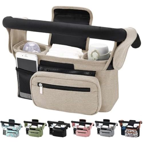NARUTOO Baby Stroller Organizer, Universal Stroller Organizer with Detachable Phone Bag, Stroller Caddy with 2 Insulated Cup Holders, Buggy Organizer Bag with 2 Hooks Fits Most Strollers (Khaki)
