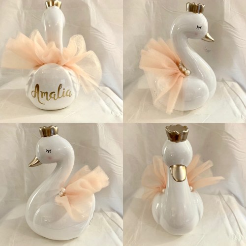 Personalized Large White Gold Swan Princess Piggy Bank- Newborn Gift ,Baby Girl's 1st Christmas, Baby Shower,Birthday, Christening, Baptism