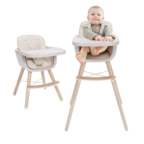 Mallify 3-in-1 Convertible Wooden High Chair, High Chairs for Babies and Toddlers, Baby High Chair with Adjustable Legs & Dishwasher Safe Tray, Made of Sleek Hardwood & Premium Leatherette, Beige