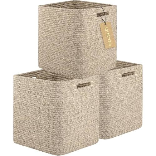 OIAHOMY Storage Cubes, 13 Inch Cube Storage Organizer, Collapsible Storage Bins, Baskets for Organizing, Storage Bins for Shelves-Brown, 3-PACK