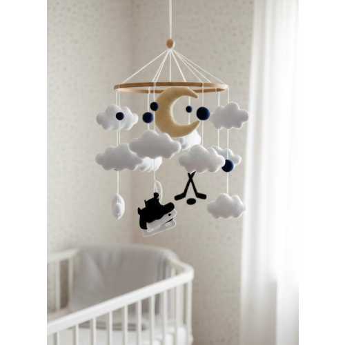 Hockey Nursery Decor, Felt Baby Mobile: Hockey Skates and Sticks