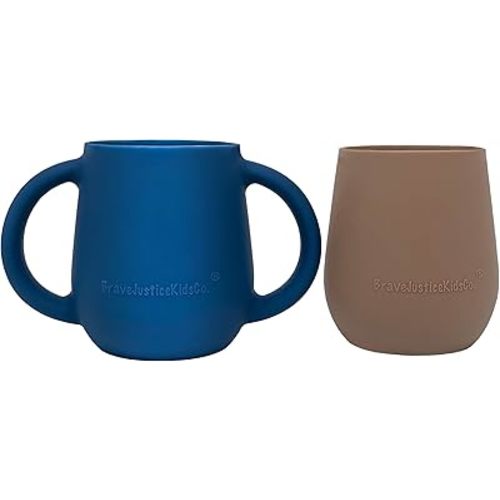 | Teenie Tiny™ Silicone Developmental Baby-Led Weaning Drinking Cups (2 pack) (Warm Taupe and Blue Fusion)