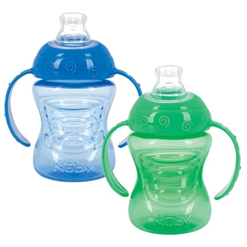 Nuby 2 Pack Sippy Cups with Soft Spout - 10 Oz Toddler Cups Spill Proof with Easy Grip - Dishwasher Safe (Blue & Green)