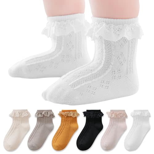EPEIUS Baby Lace Socks Newborn Girl Eyelet Ruffle Frilly Socks Soft Breathable Seamless Cotton Sox 0-6/6-12/12-24 Months
