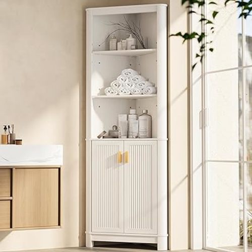 INNOD 69" Tall Corner Shelf with Doors, 7-Tier Corner Storage Cabinet with Doors, Space Saver Shelf for Bathroom, Bathroom Floor Cabinet for Living Room Kitchen, Hallway