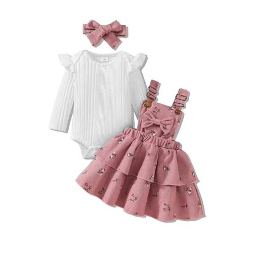 Baby Girl Spring Skirt Set Newborn Overall Dress Long Sleeve Ribbed Romper Suspender Skirts 3Pcs Outfits