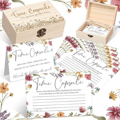 Fuutreo Time Capsule Box 1st Birthday Time Capsule First Birthday Party Games, 1st Activities for Guests, Advice and Wishes Cards Gift Keepsake for Party Supplies(Wildflower)