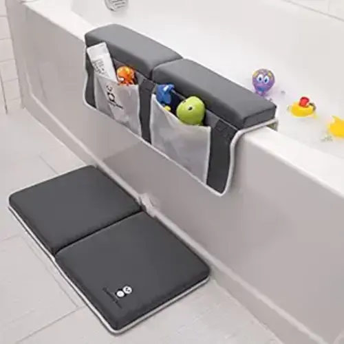 Bath Kneeler and Elbow Rest Pad Set - 2PC Premium Baby Bath Mat Set - Non-Slip Kneeling Pad with Storage Pockets - Machine Washable, Durable Foam Pad Bundle - Gray