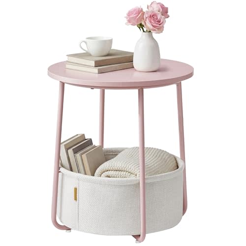 SONGMICS HOME Small Side Table, Round End Table, 2 Tier Nightstand with Basket, U Shaped Steel Legs, Easy Assembly, for Living Room, Bedroom, Pink and White