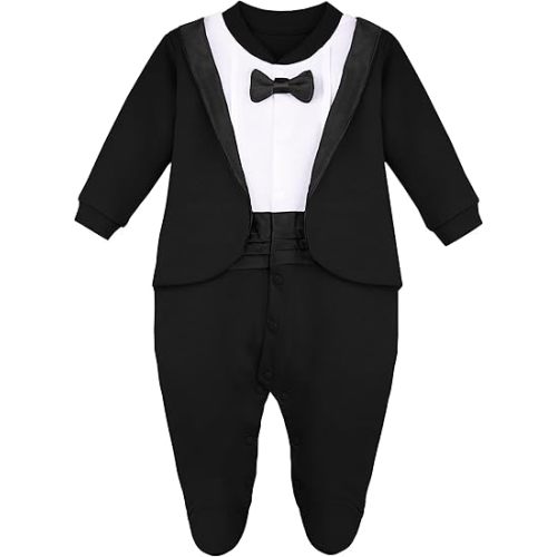 Lilax Baby Boy Gentleman Tuxedo Footie Christmas Holiday Outfit with Bow Tie
