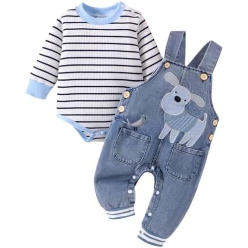 Baby Boy Clothes Fall Winter Outfits Long Sleeve Striped Romper Cute Cartoon Jeans Overalls Pants Set 0-18 Months