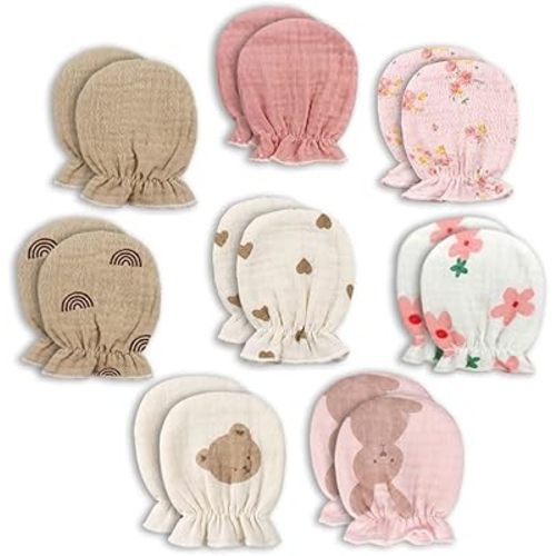 8 Pairs Muslin Newborn Baby Mittens No Scratch, Soft Cotton Baby Gloves Elastic Wrist Breathable Infant Mittens for Baby Boy & Girl Must Have Newborn Essentials for 0-6 Months