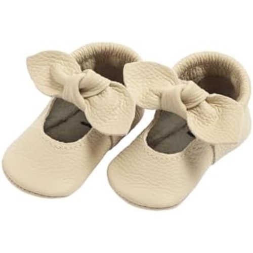 Freshly Picked First Pair Knotted Bow Baby Girl Leather Moccasins - Soft Sole Baby Shoes, Infant Shoes