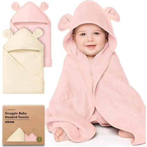 KeaBabies 2-Pack Hooded Baby Towels for Newborn - 30x30 Soft & Absorbent Viscose From Bamboo Baby Bath Towels with Hood for Infant, Toddler,Kids,Boys Girls,Newborn Bath Essentials (Rose Ivory, Petite)