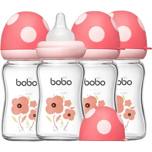 YOHKOH Natural Glass Baby Bottle with Level 1 Slow Flow Nipple, Newborn Anti-Colic Baby Bottles, Wide Neck Mushroom Baby Glass Bottle ((5.4oz (Pack of 4), Red-1)