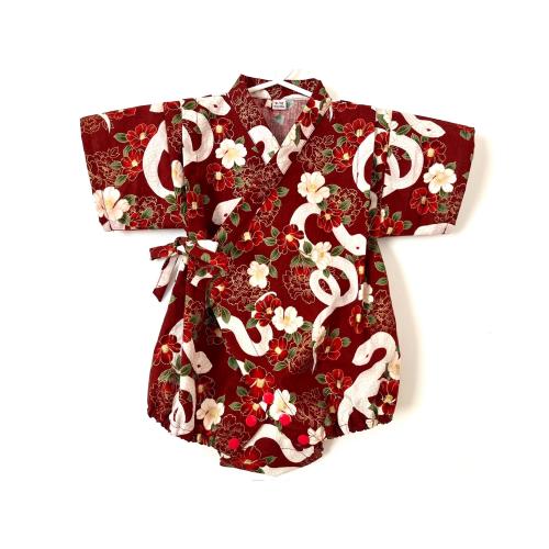Baby Romper Jinbei Kimono and Headband, White Snake, Burgundy Red