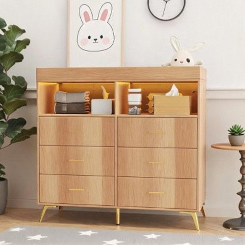 Nursery Storage Dresser with Removable Changing Top, Integrated LED Lighting and Built In Power Ports with Multiple Drawer Storage