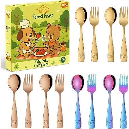 Colorful Toddler Eating Utensils Set,Set Of 12 Food Grade Stainless Steel Silverware Sets For Kids,Dishwasher Safe Children Small Metal Spoons And Forks Flatware Sets