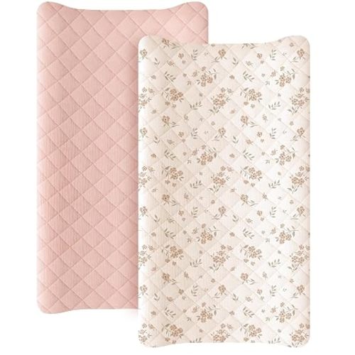 Konssy 2 Pack Quilted Muslin Changing Pad Cover, Waterproof Layer, 32"x16"