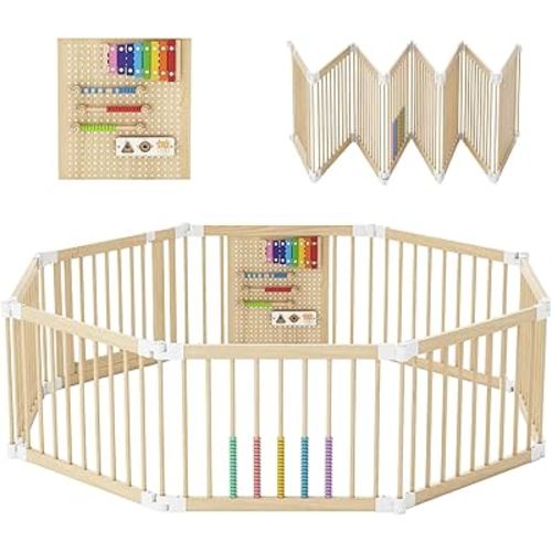 Baby Playpen - Wooden Playpen for Babies and Toddlers, Foldable Play Pen with Locking Gate, Portable Baby Fence with Adjustable Shape and Size, Extra Large Toddler Play Yard (59X59x21Inches)