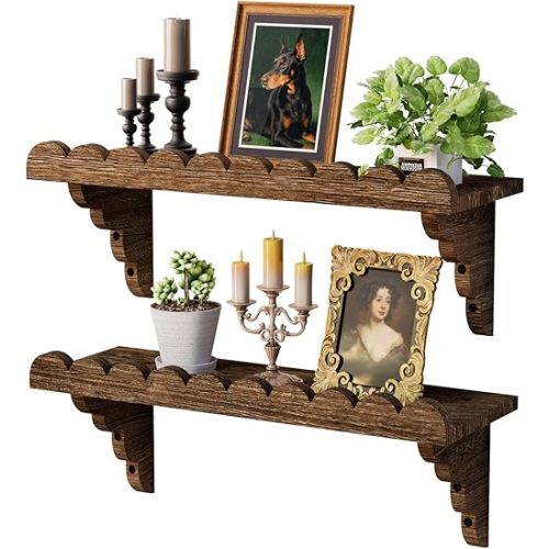 QsQueen Scalloped Wood Wall Shelf – 17 Inch Floating Shelf with Wood Brackets, Easy to Install Rustic Wall Shelf for Living Room, Bedroom, Bathroom, or Any Space