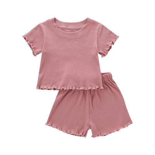 Canrulo 2PCS Toddler Baby Girl Solid Color Ribbed Short Sleeves O-Neck Tops + Shorts Pink 12-18 Months