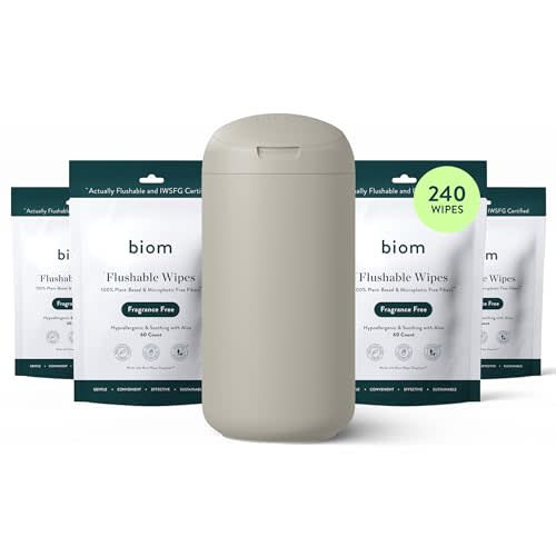 Biom Flushable Wipes Starter Kit - 4pk (240 Total) Fragrance Free Wipes + Refillable BPA-Free Dispenser- Biodegradable, Plant-Based, Non-Toxic Wet Wipes for Adults & Baby - Perfect For Home & Travel