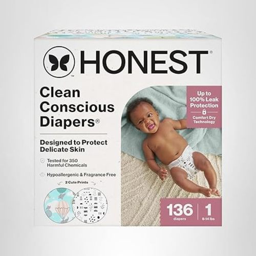 The Honest Company Clean Conscious Diapers for Delicate Skin | Up to 100% Leakproof | Hypoallergenic, Fragrance Free | Gender Neutral | Super Club Box, Size 1 (8-14 lbs), 136 Count (Prints May Vary)