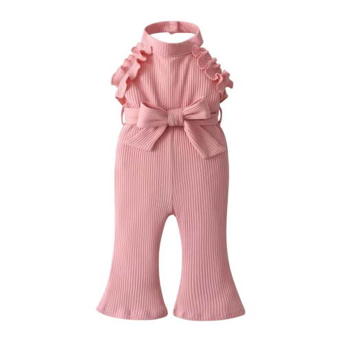 Infant Baby Girl Clothes Solid Jumpsuit Sleeveless Ruffle Halter Bodysuit Bell-Bottoms Pants Outfits Set Pink 12-18 Months