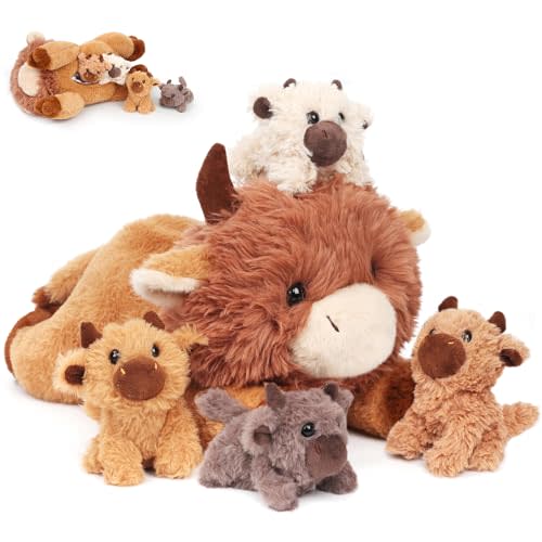 Easfan 5PCS Highland Cow Stuffed Animal 16" Lying Mommy Cow with 4 Baby Cows Inside,Realistic Fluffy Scottish Plushie for Baby Girls, Boys, Toddlers & Kids
