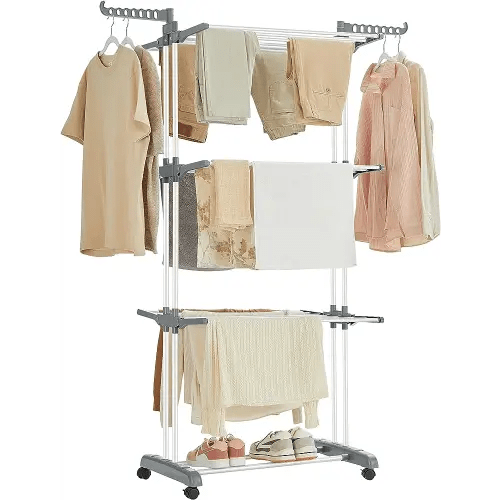 SONGMICS Clothes Drying Rack Stand 4-Tier, Foldable Laundry Drying Rack 67.7-Inch Tall, Stainless Steel, Rolling Clothes Horses Dryer Rack, Easy to Assemble, Indoor Outdoor Use, White ULLR701W01