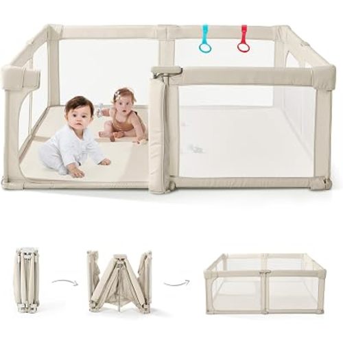 Baby Playpen, Pre-Assembled Foldable Playpen with Walk-in Door, 55" x 79" Large Baby Play Yard for Babies & Toddlers, Portable Indoor Fence Play Area, Breathable Mesh