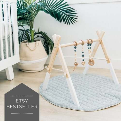 Wood Baby Gym - Wood Play Gym - Baby Activity Gym with Gray Toys