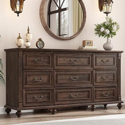 St.Mandyu 63" Farmhouse 9 Drawer Dresser for Bedroom with 6 Gourd Feet and Roman Column Decor, Wide Wood Country Rustic Chest of Drawers, Storage Dressers for Bedroom, Living Room, Rustic Brown