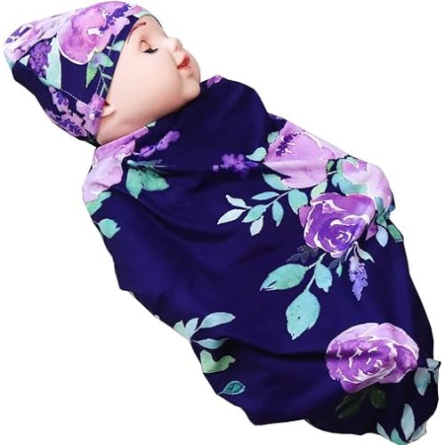 Swaddle Blanket Beanie Set Soft Stretchy 0-3 Months Purple Flower