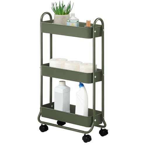 SunnyPoint Slim Rolling Storage Cart, 3 Tier Bathroom Storage Organizer Bathroom, Laundry Utility Cart (Army)