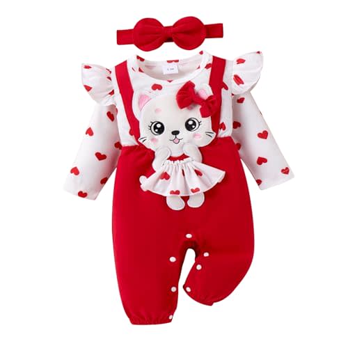 ODIMAME Baby Girl Clothes Newborn Romper Cute Cat Ruffled Long Sleeve Love Fall Winter Outfits with Bow Headband 0-18 Months