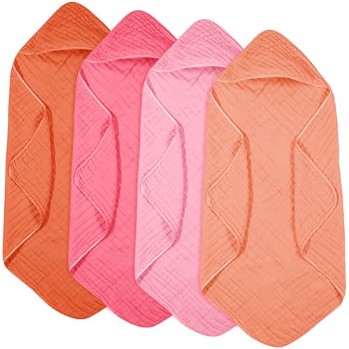 Peryiter 4 Pcs Muslin Hooded Baby Towels 32 x 32 Inch Cotton Newborn Bath Essentials Muslin Infant Blankets Absorbent Registry Gifts for Girl Boy Kids Baby Shower (Rainbow Colors)