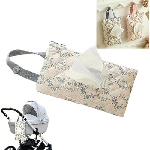 Wipes Dispenser, Floral Quilted Baby Wipe Holder, Pouch Portable Hanging Floral Travel Wet Wipes Bag with Lanyard for Walking, Outdoor Activities, Car, or Home Use (Blue)
