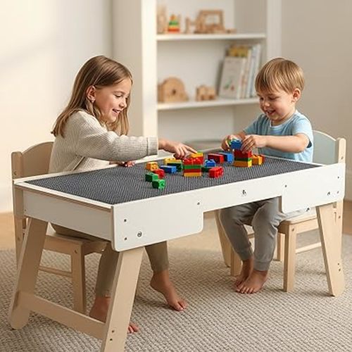 Youuys 3 in 1 Wooden Kids Activity Table & Building Board Compatible with Building Block,Storage Play Table Reversible Top Legs Fold for Easy Under Bed Storage （No Chairs）
