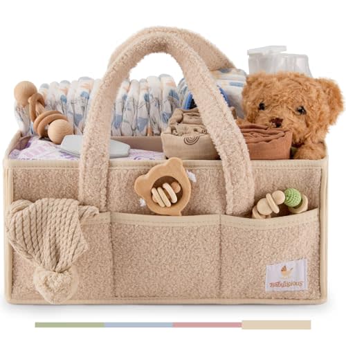 Babylicious Baby Diaper Caddy Organizer | Changing Table Organizer for Wipes and Diapers | Teddy Diaper Organizer for Changing Table | Newborn Essentials Must Haves for Parents - Warm Sand