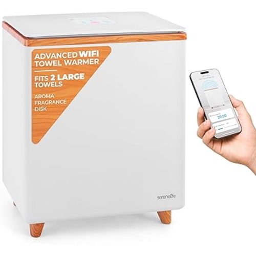 SereneLife WIFI Luxury Rectangle Towel Warmer - Spa & Bathroom Heater with Custom Fragrance, Auto Shut-Off, Fits 2 large Towels, Blankets, Bathrobes, PJ's - Perfect Gift for Him & Her (Natural)