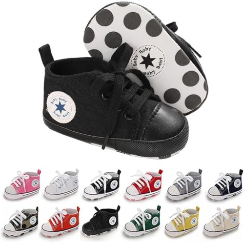 KKIIDDSS Unisex Baby Girls Boys Canvas High-top Shoes, Newborn Infant Anti-Slip Soft Sole Frist Walking Breathable Sneakers (A03/Full_Black_1, 6-12 Months)